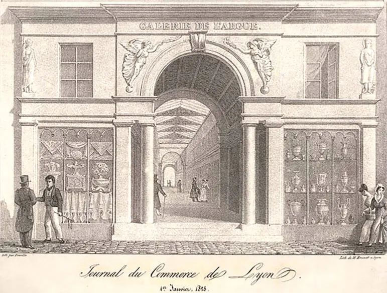Galerie de l’Argue en 1828, illustration ancienne du Journal du Commerce de Lyon